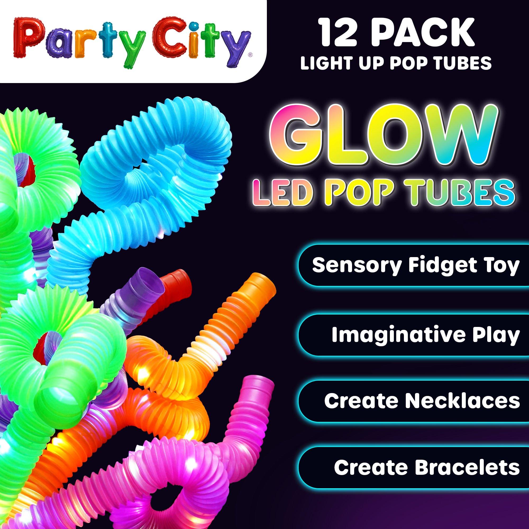 LED Light Up Bendable Pop Tubes w 3 Flashing Modes Neon Pink Orange Green Bulk Pack 12 pk