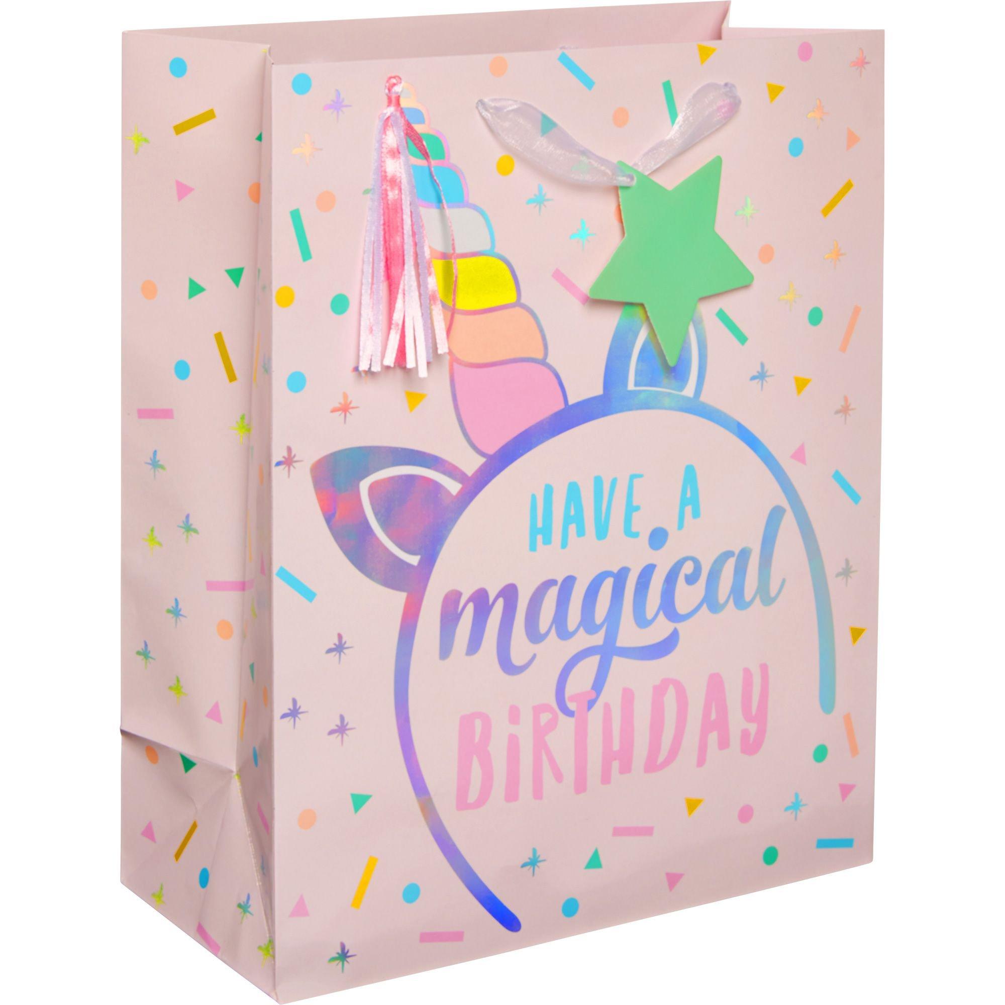 Large Glossy Magical Unicorn Birthday Gift Bag, 10.5in x 13in