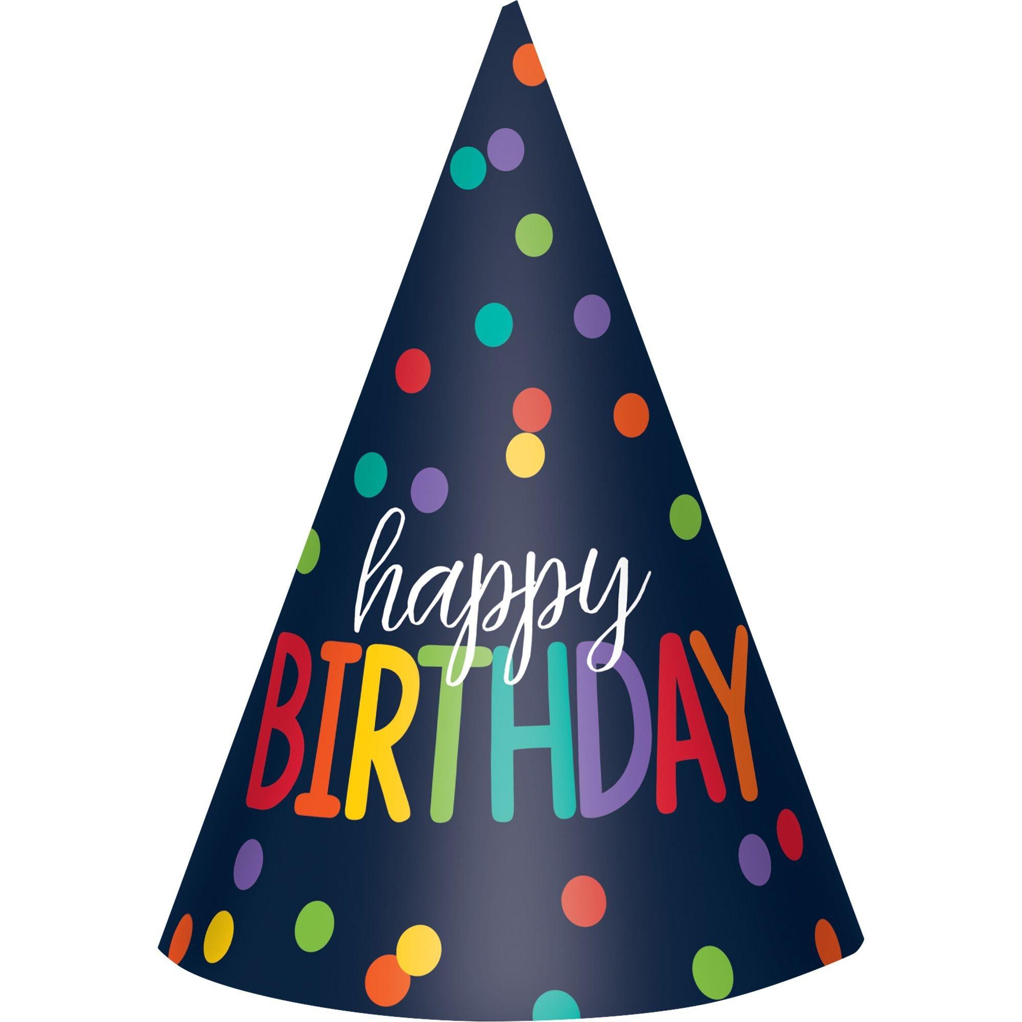 Navy & Rainbow Happy Birthday Party Hats 12ct