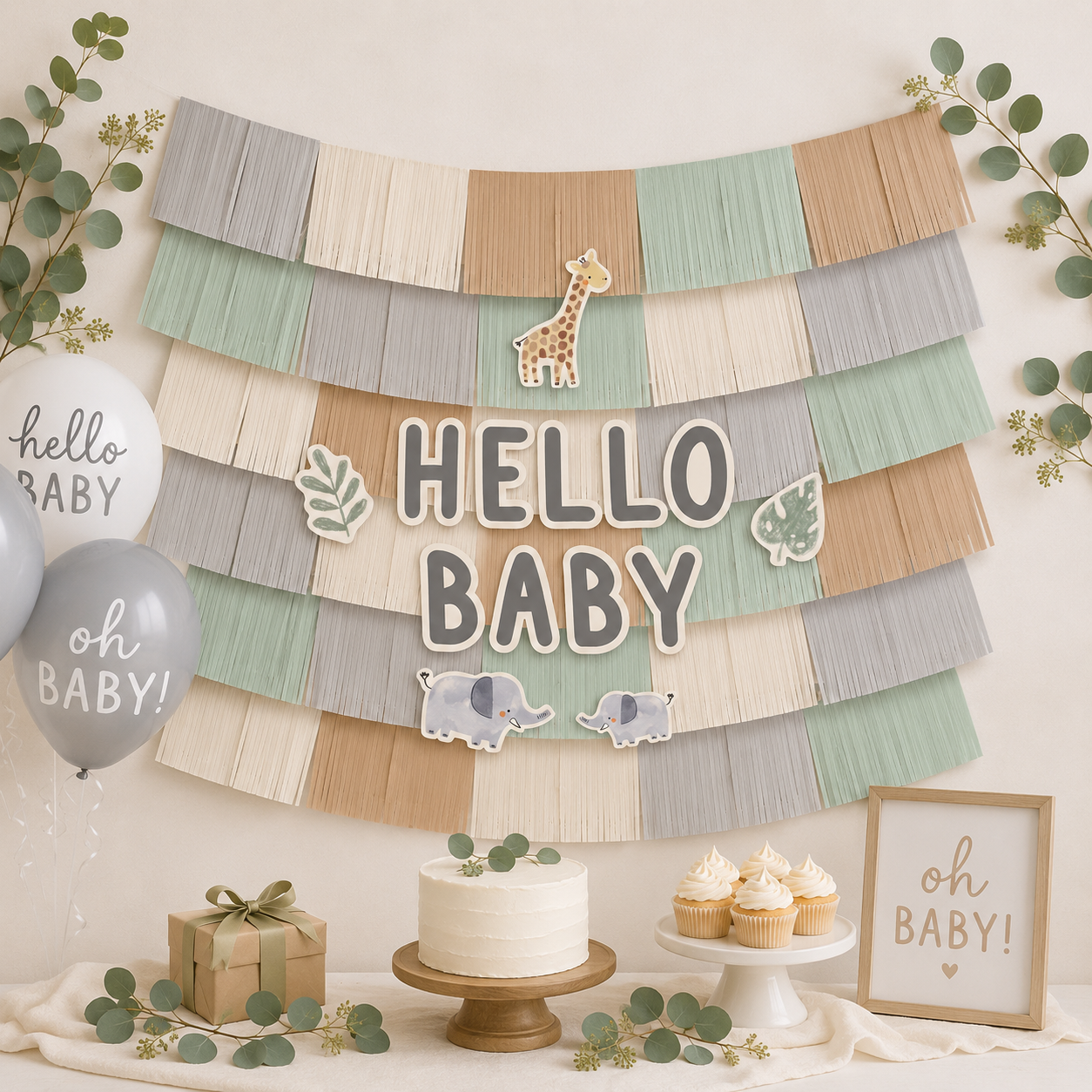 Hello Baby Soft Jungle Baby Shower Fringe Banner Backdrop with Cutouts, 5ft x 4.8ft