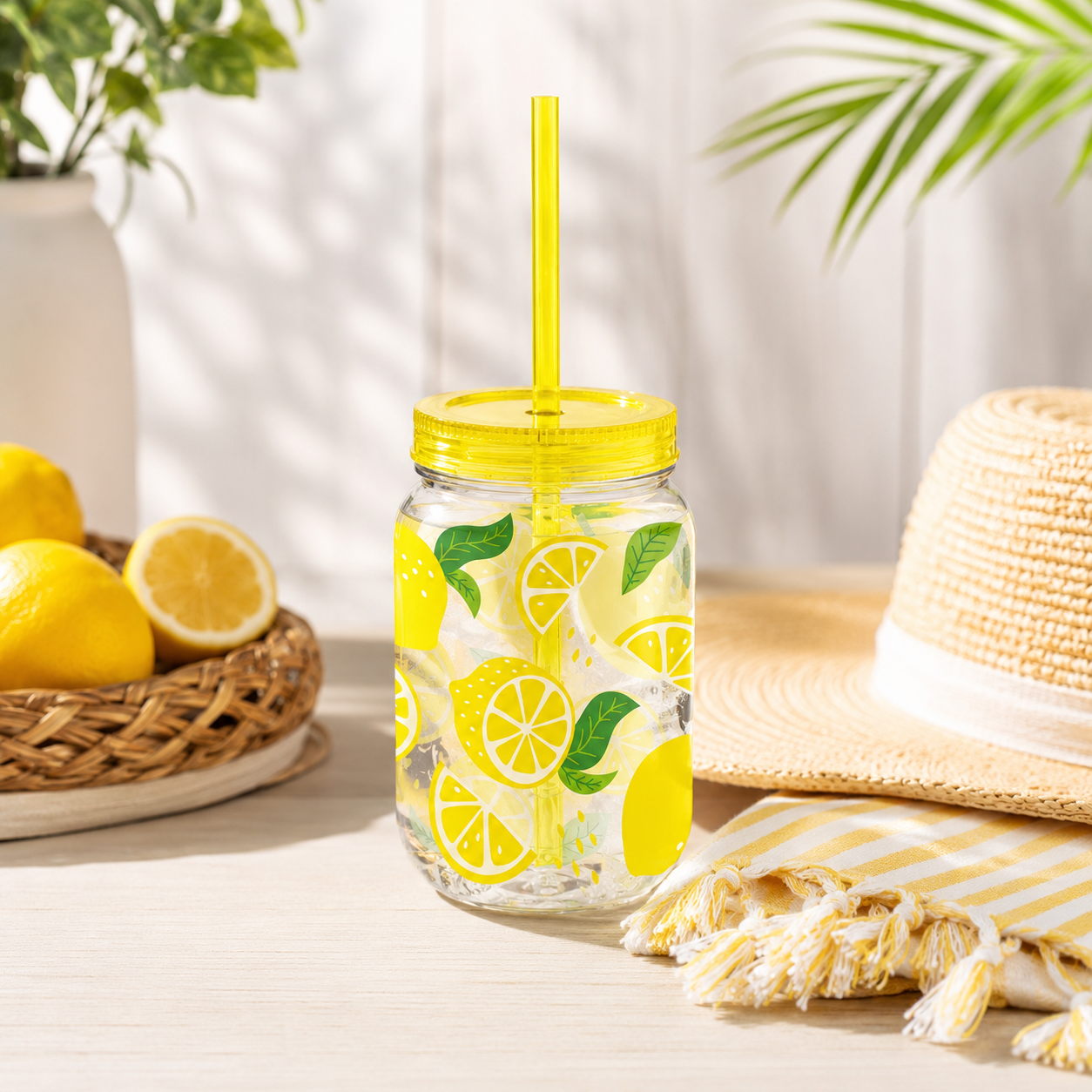 Summer Lemon Plastic Mason Jar Cup with Straw, 16oz