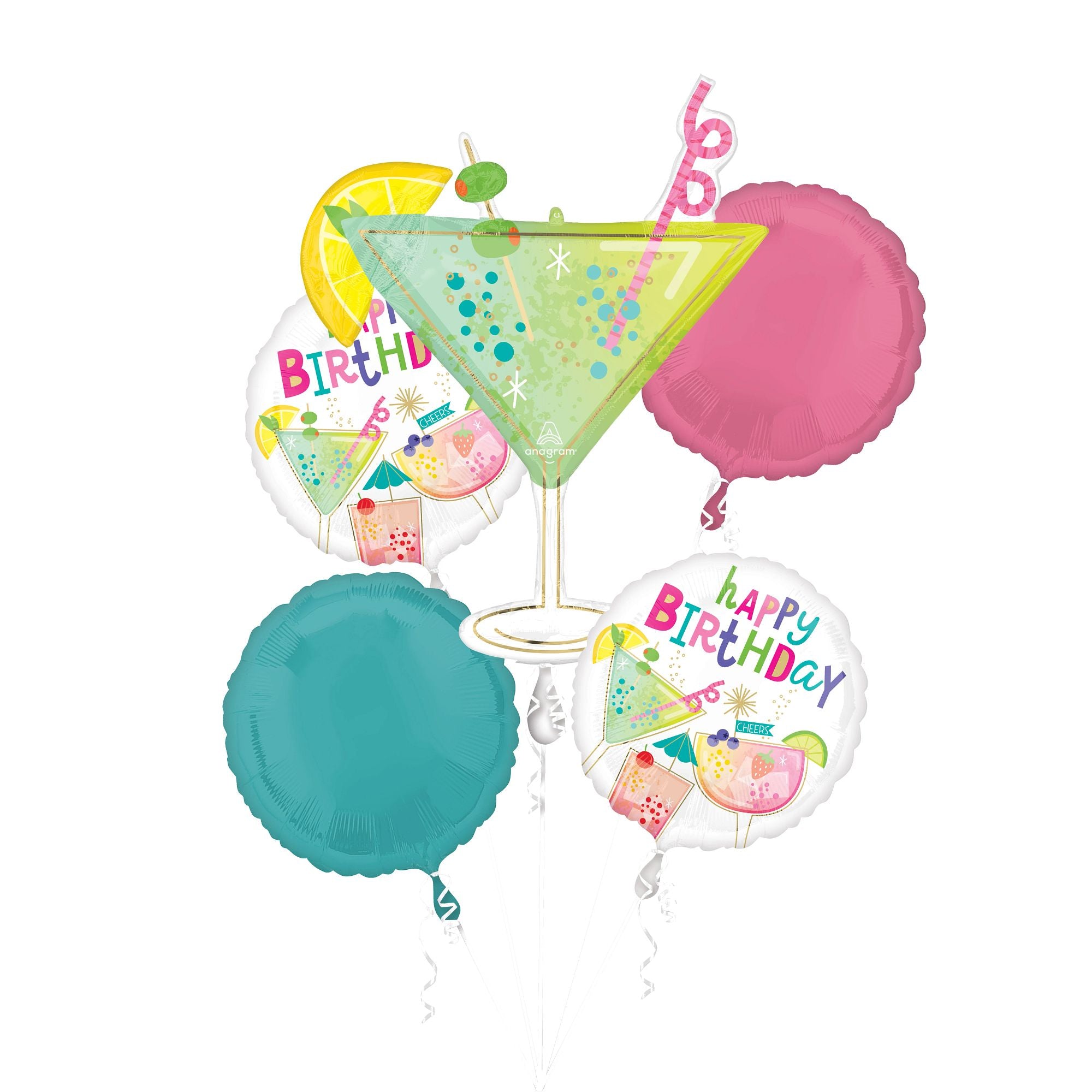 Cheers to You Birthday Cocktail Balloon Bouquet, 5pc