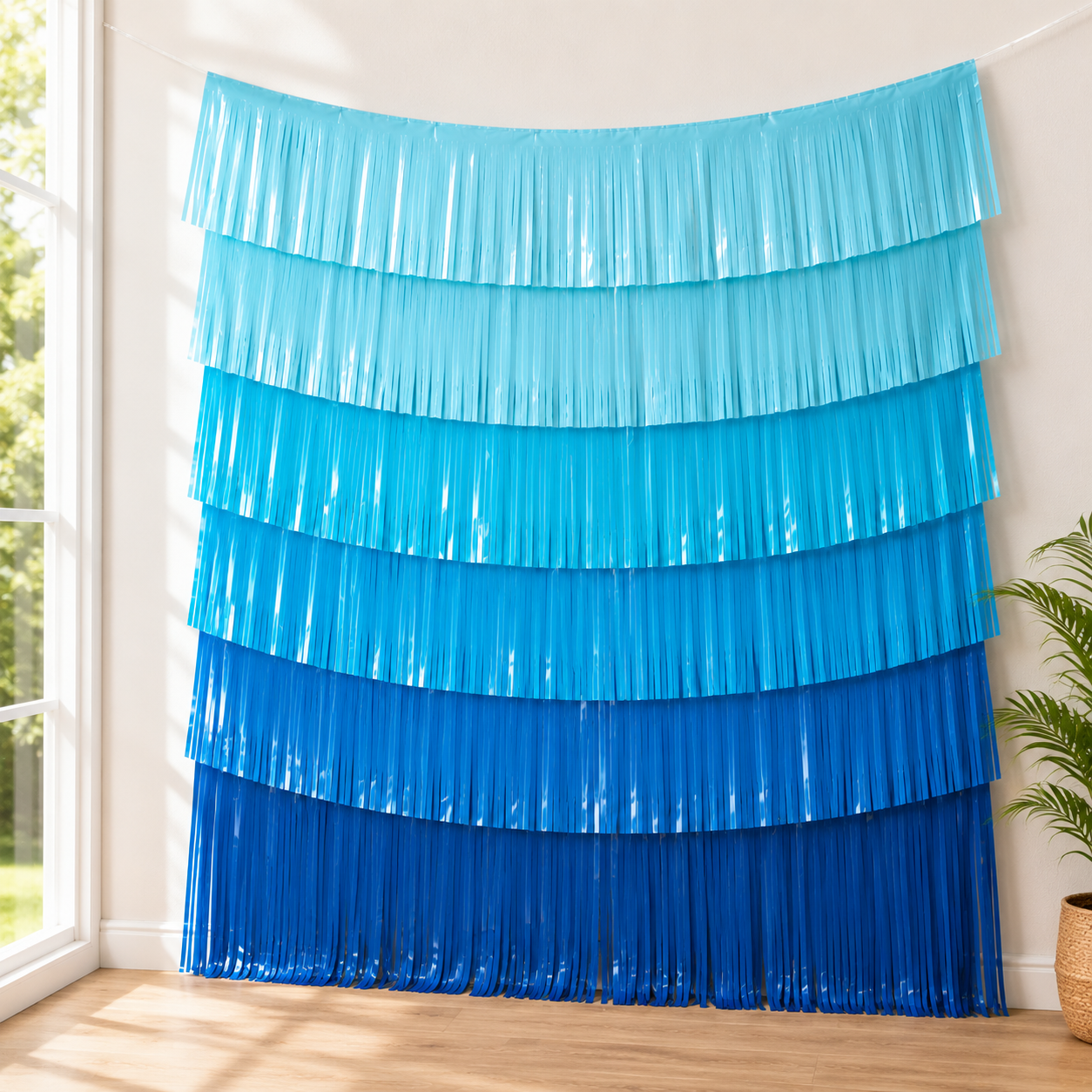 Blue Plastic Fringe Banner Backdrop, 5ft x 7.3ft - Pool Party