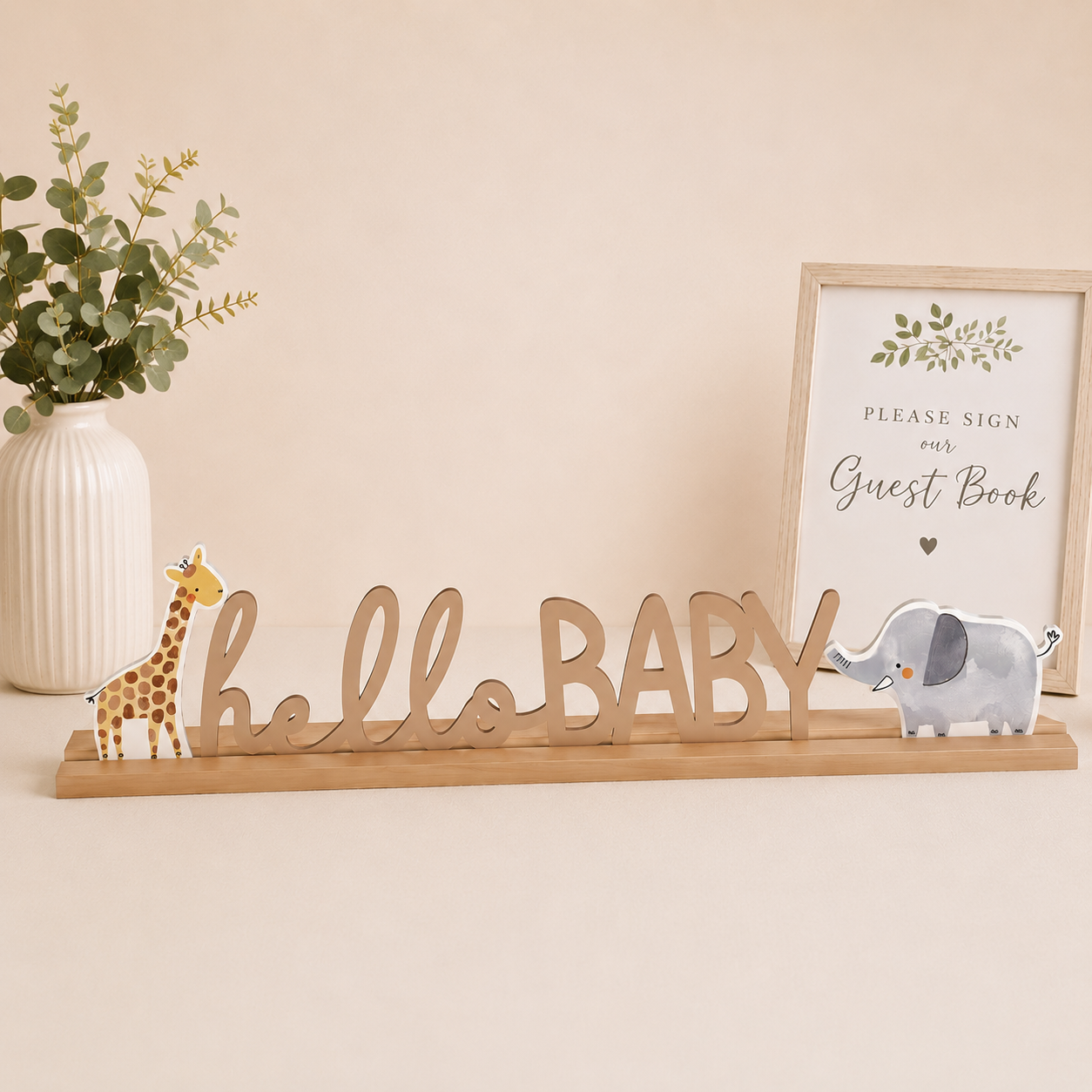 Hello Baby Soft Jungle Baby Shower MDF Standing Sign, 21in x 5in