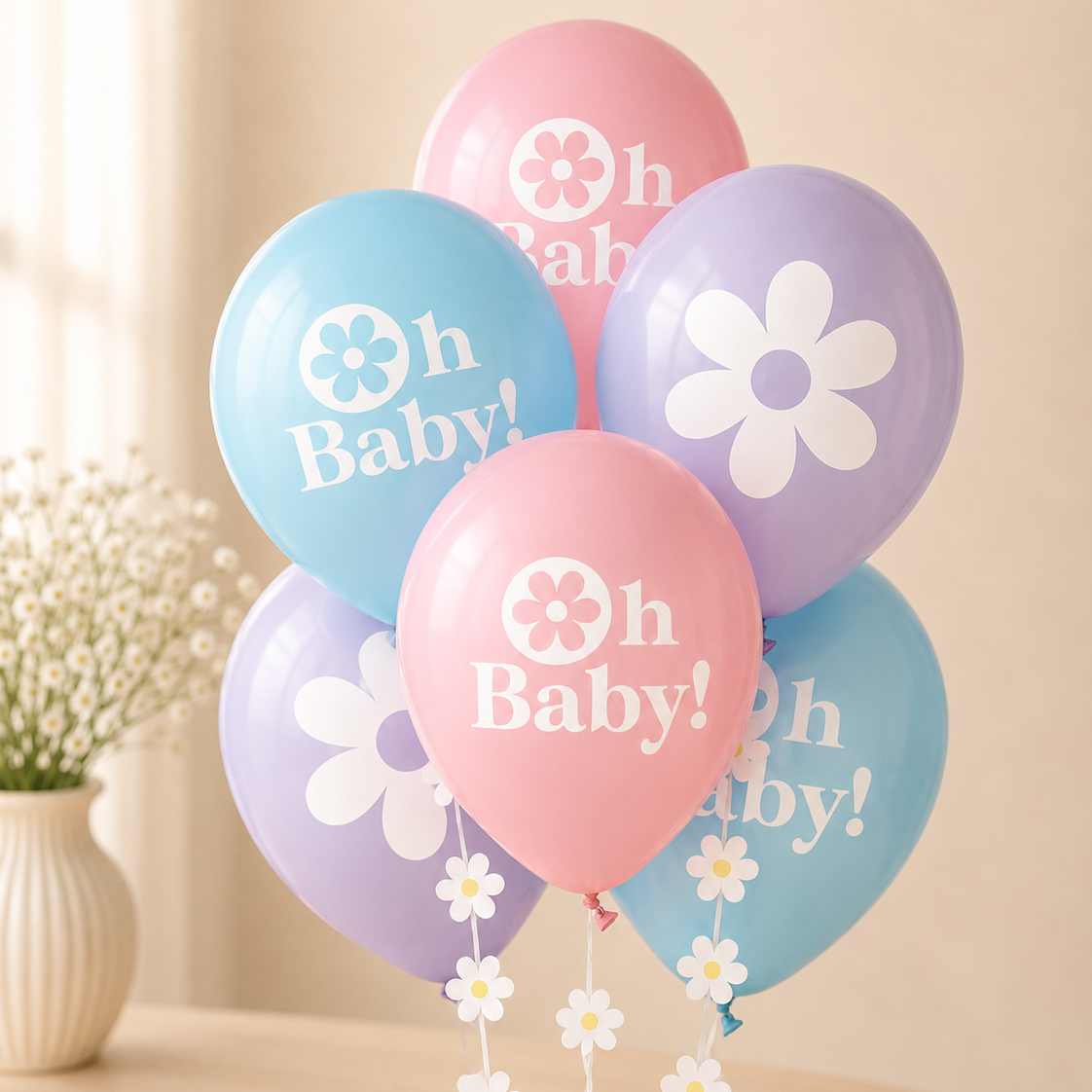 Little Daisy Baby Shower Latex Balloons, 12in, 6ct, with Balloon Tails