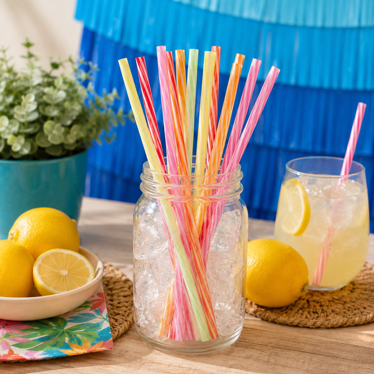 Multicolor Striped Reusable Plastic Straws, 24ct