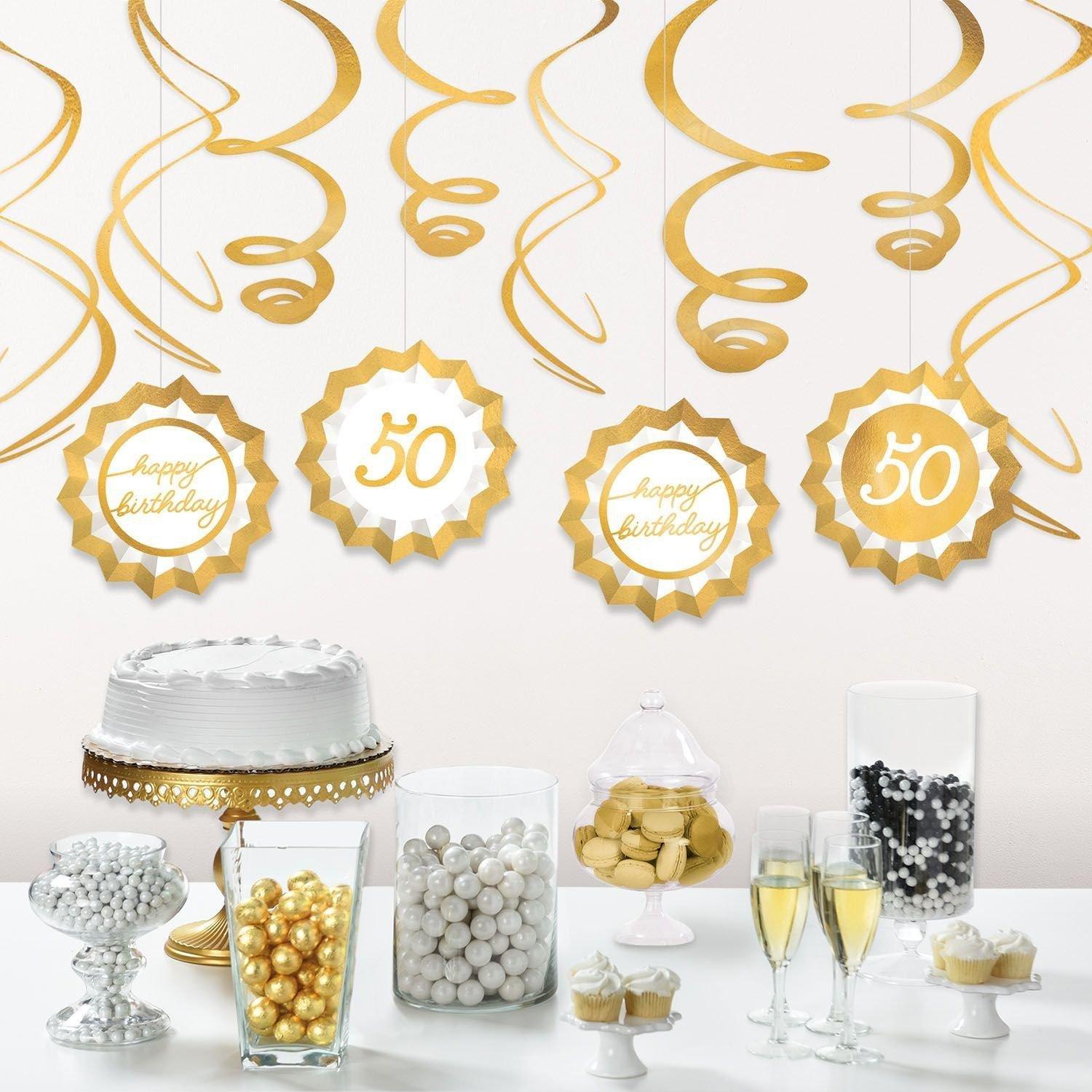 Metallic Golden Age Birthday Paper Fans & Swirl Decorations, 12pc, Ages