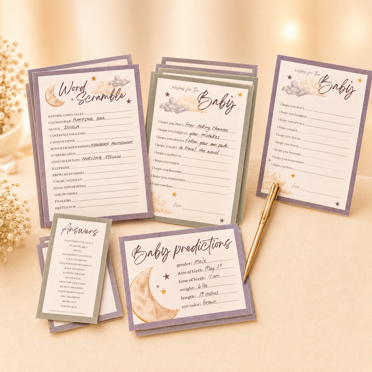 Over the Moon Baby Shower Games for 25 Guests, 75 Sheets, 3 Games - Baby Predictions, Wishes for Baby & Word Scramble