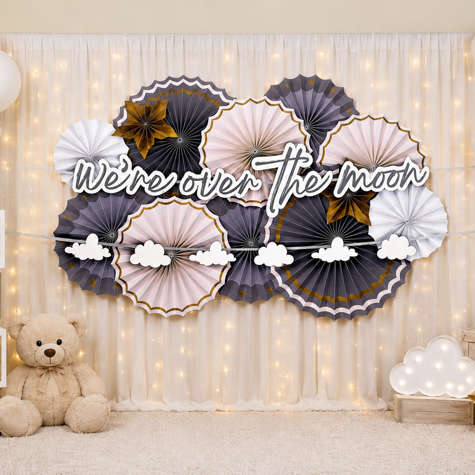 Over the Moon Baby Shower Paper Fan Room Decorating Kit, 14pc