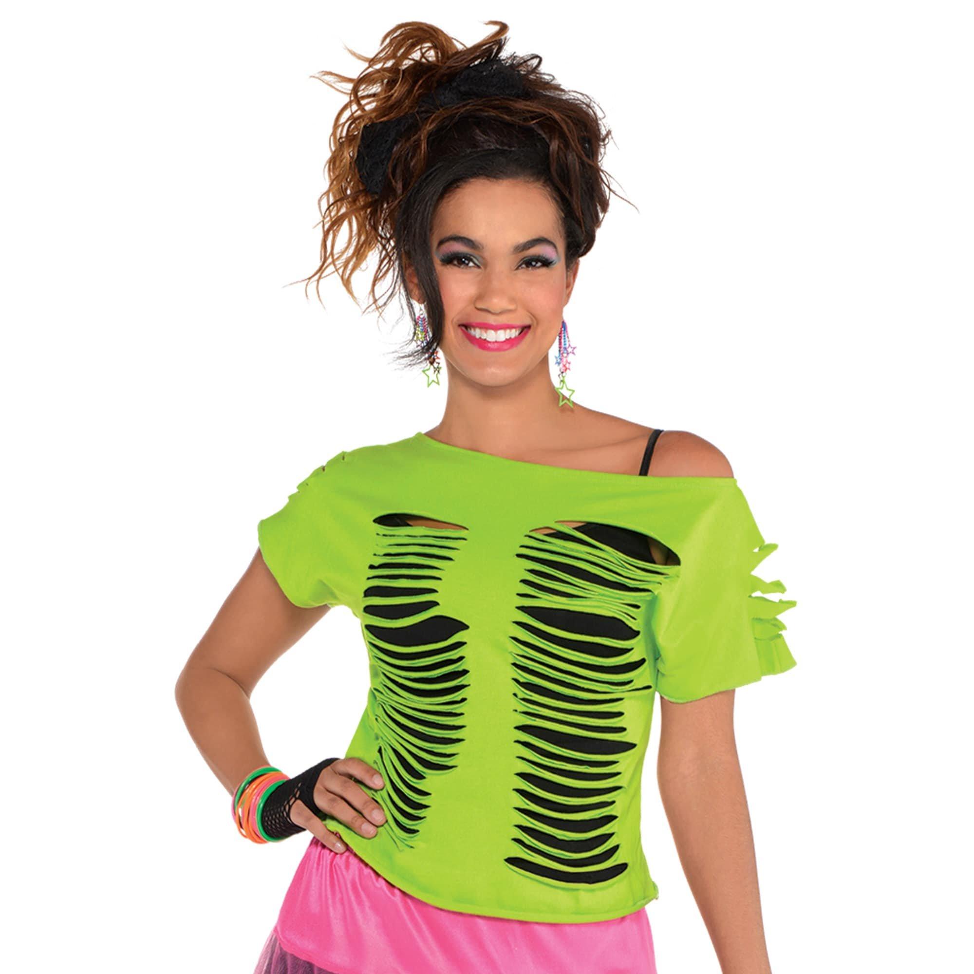 Neon Green 80s Ripped T-Shirt for Adults