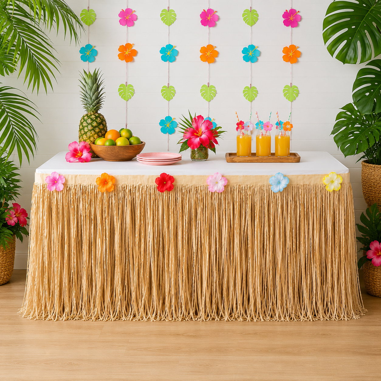 Tan Faux Grass Tissue Paper Fringe Table Skirt, 10ft x 29in